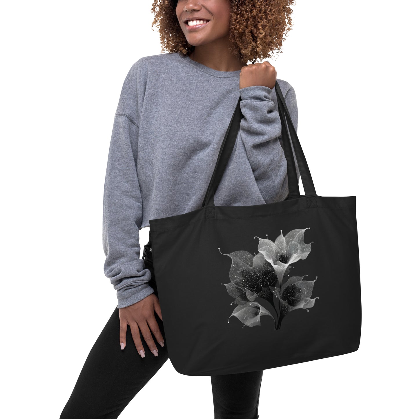 Tote bag minimaliste en coton bio décoré de fleurs monochromes