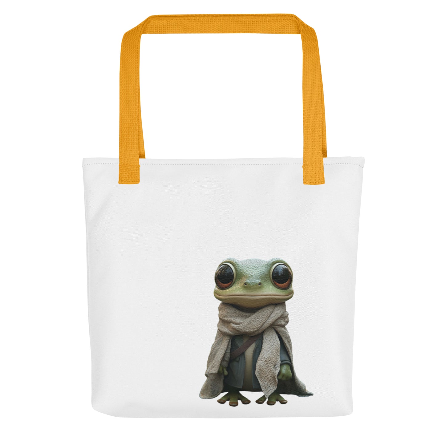 Tote bag Super Rainette 2 avec anses jaunes, vue de face, illustration d’une rainette drôle avec écharpe