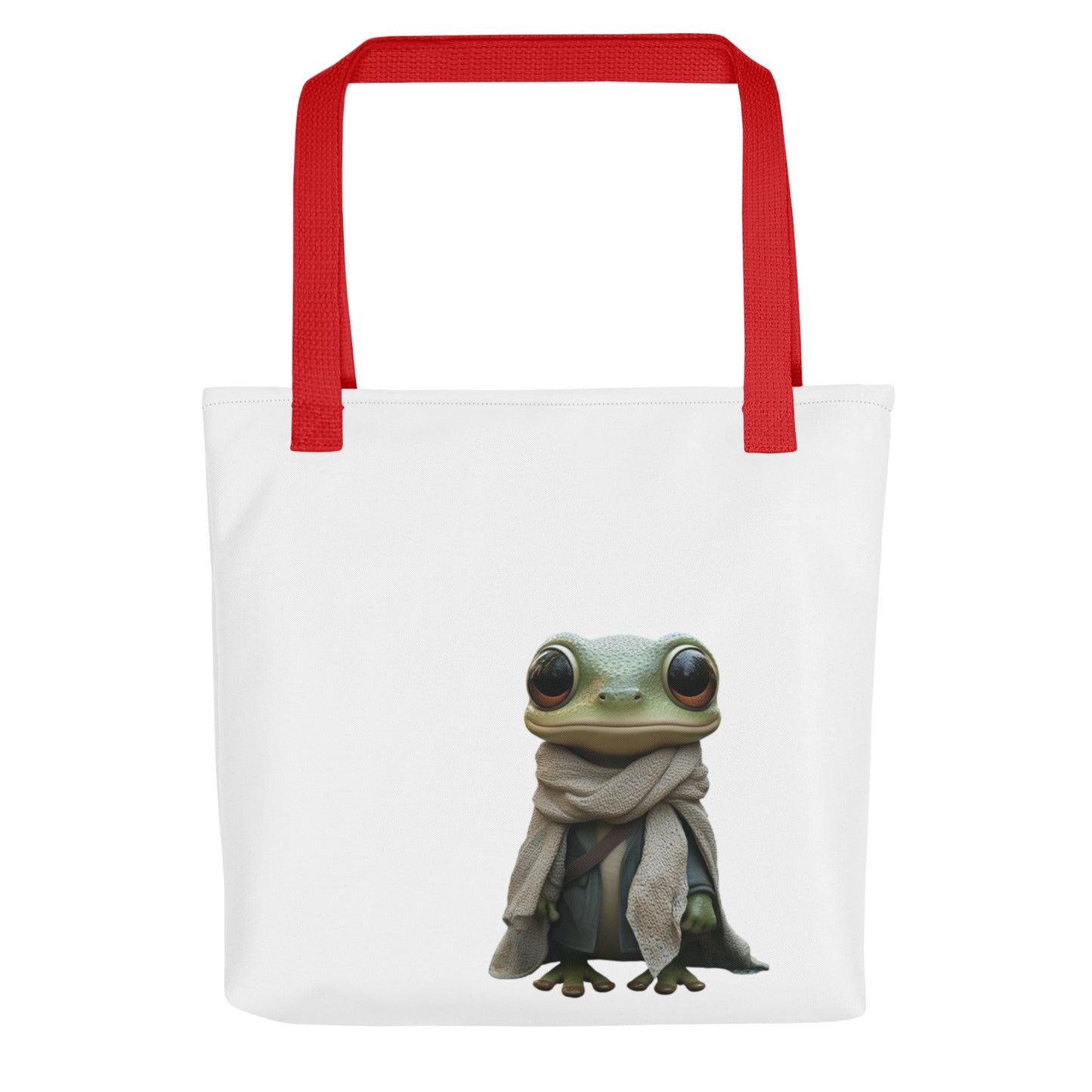 Tote bag Super Rainette 2  avec anses rouges, vue de face, illustration d’une rainette drôle avec écharpe