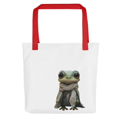 Tote bag Super Rainette 2  avec anses rouges, vue de face, illustration d’une rainette drôle avec écharpe