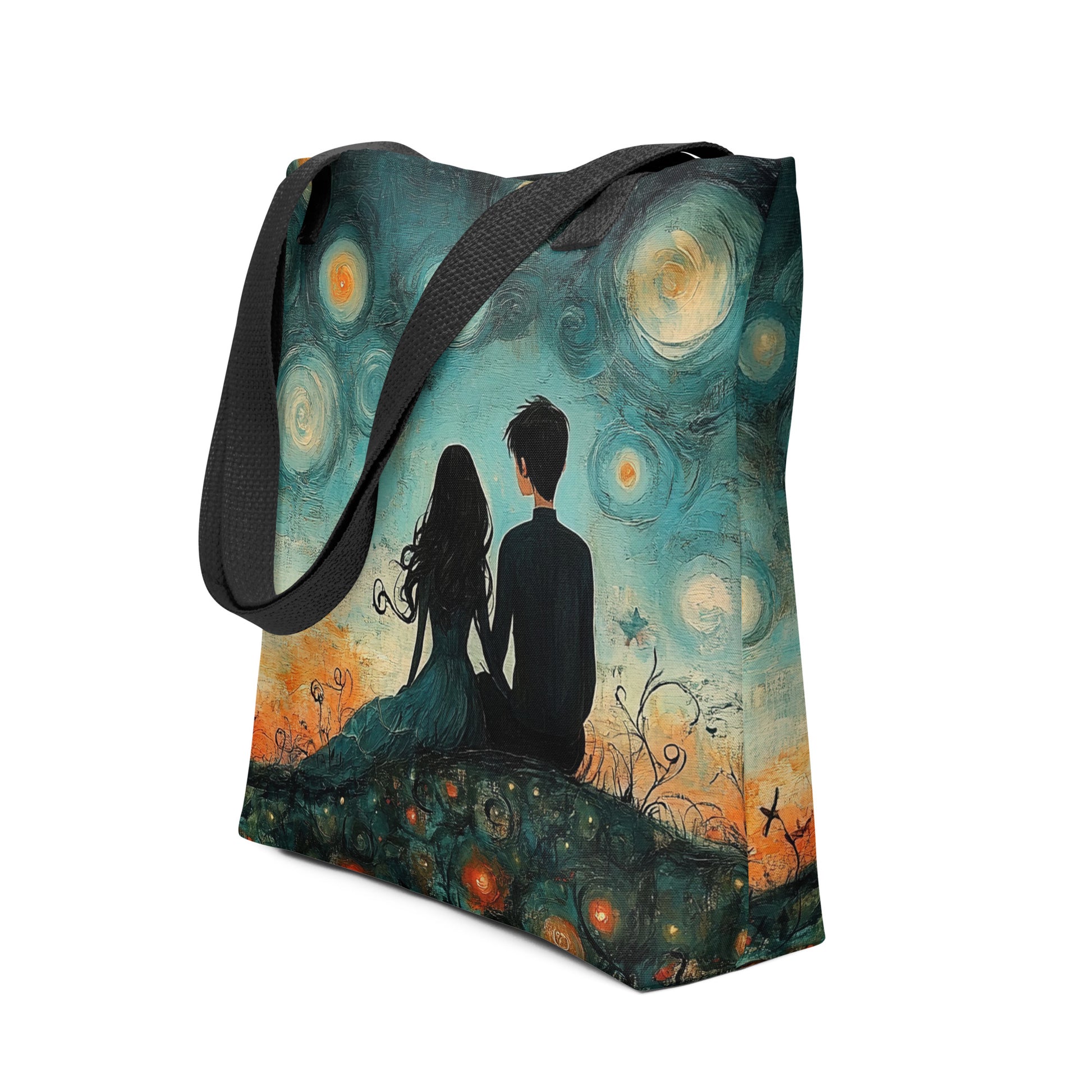 Illustration rêveuse sur tote bag “Veillée”, style poétique et tendre