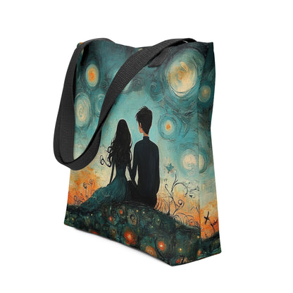 Illustration rêveuse sur tote bag “Veillée”, style poétique et tendre