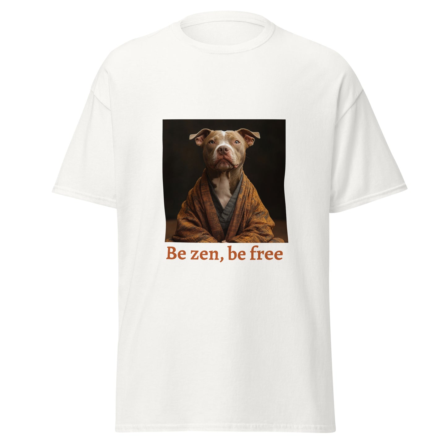 T-shirt unisexe blanc “Calme Impérial” avec illustration chien zen en kimono.