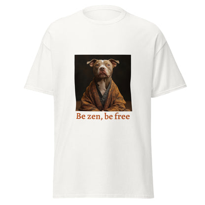 T-shirt unisexe blanc “Calme Impérial” avec illustration chien zen en kimono.